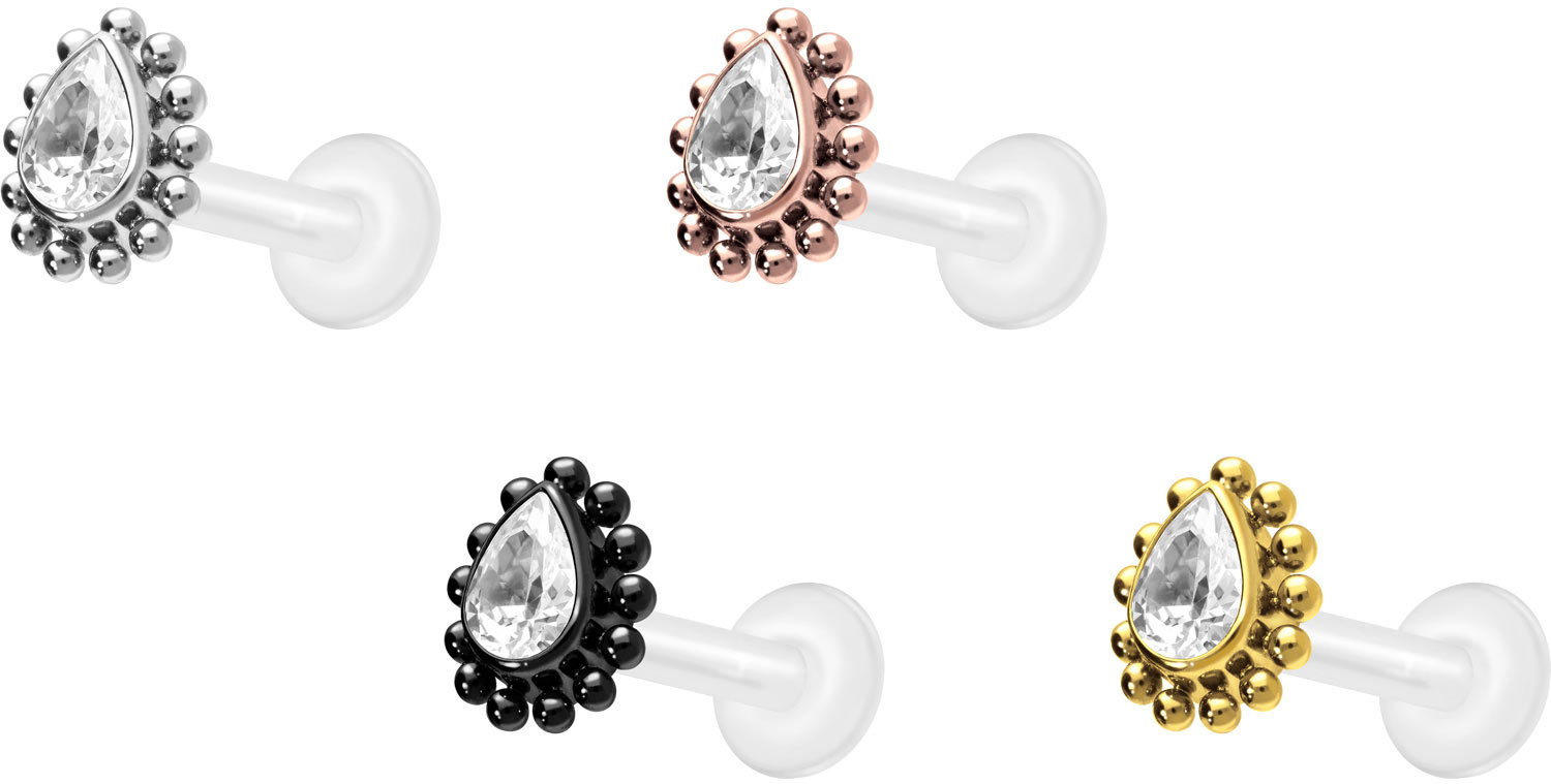 PTFE labret with internal thread titanium attachment CRYSTAL DROP BALLS PIERCINGLINE